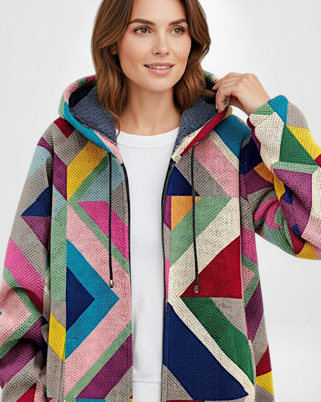 Fleece Mantel im Colorblock Hoodie Stil für Damen