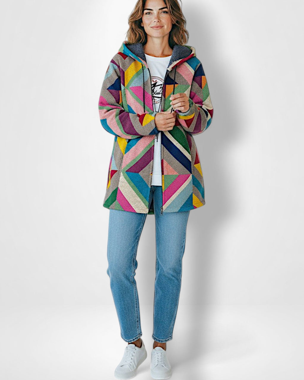 Fleece Mantel im Colorblock Hoodie Stil für Damen