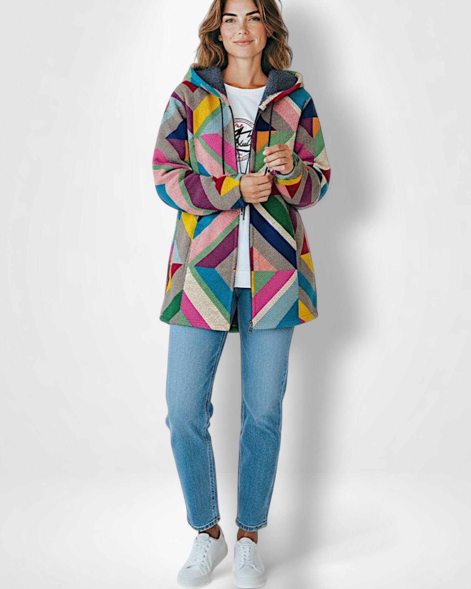 Fleece Mantel im Colorblock Hoodie Stil für Damen