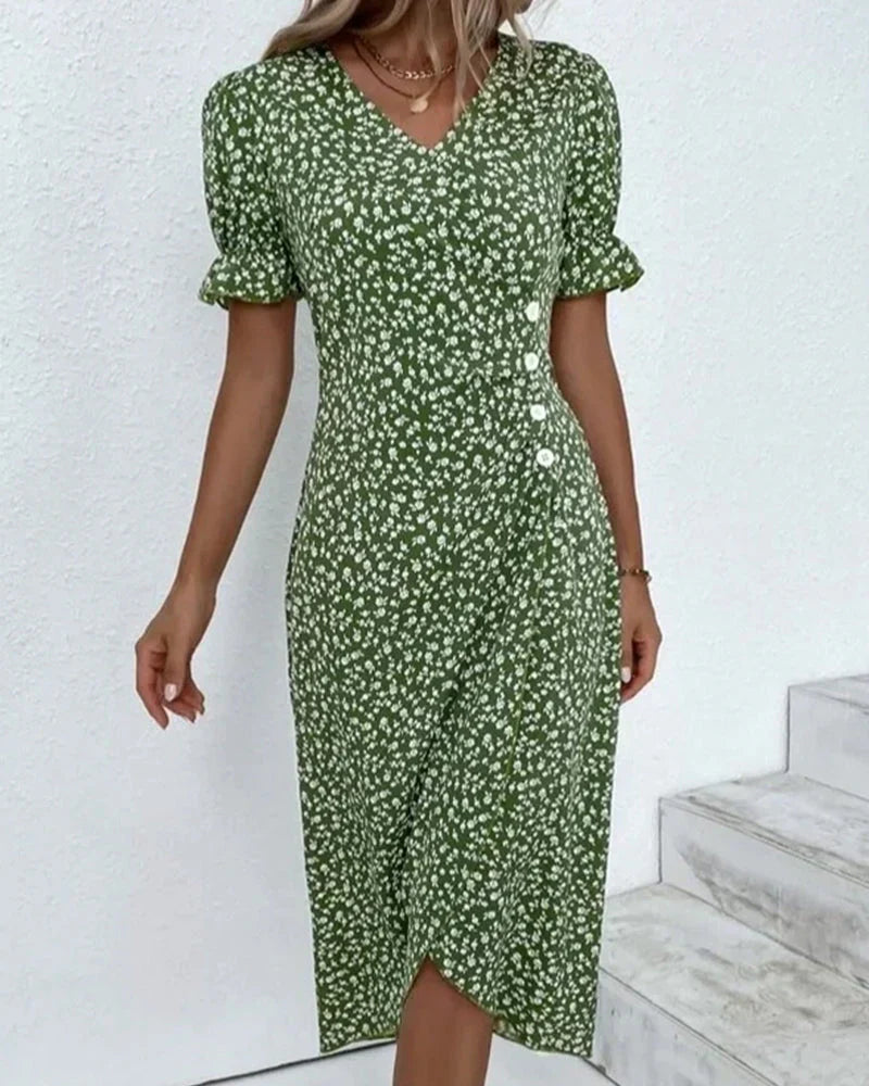Damen Sommer V-Ausschnitt Blumig Midikleid