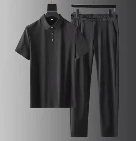 Herren Lässig Kordelzug Zweiteiler Polo Shirt Jogger Set