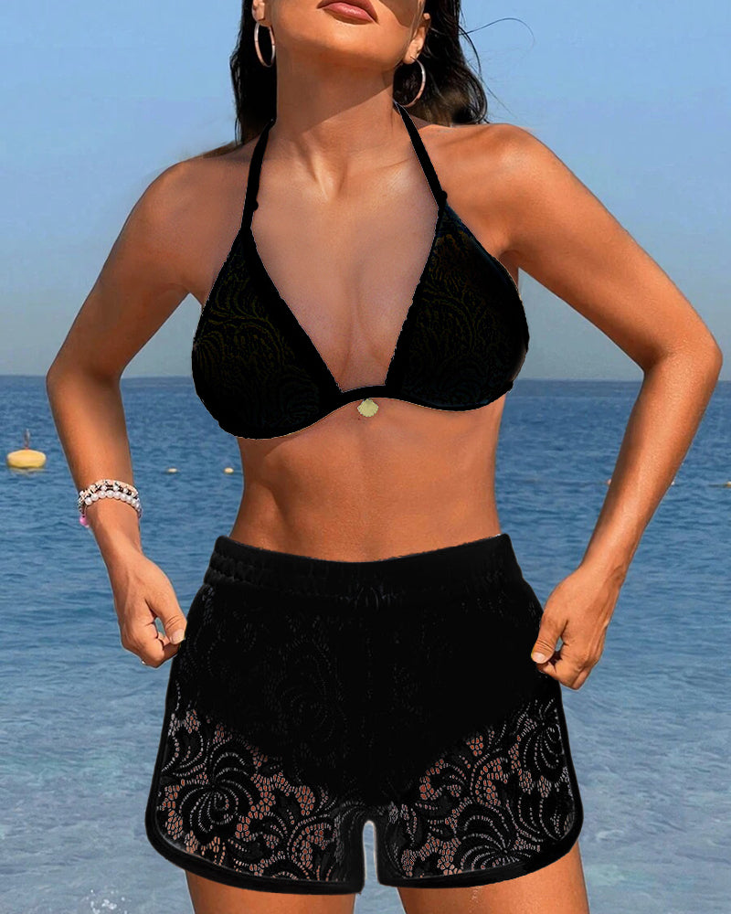 Elegantes Einfarbiges Spitzen-Bikini-Set