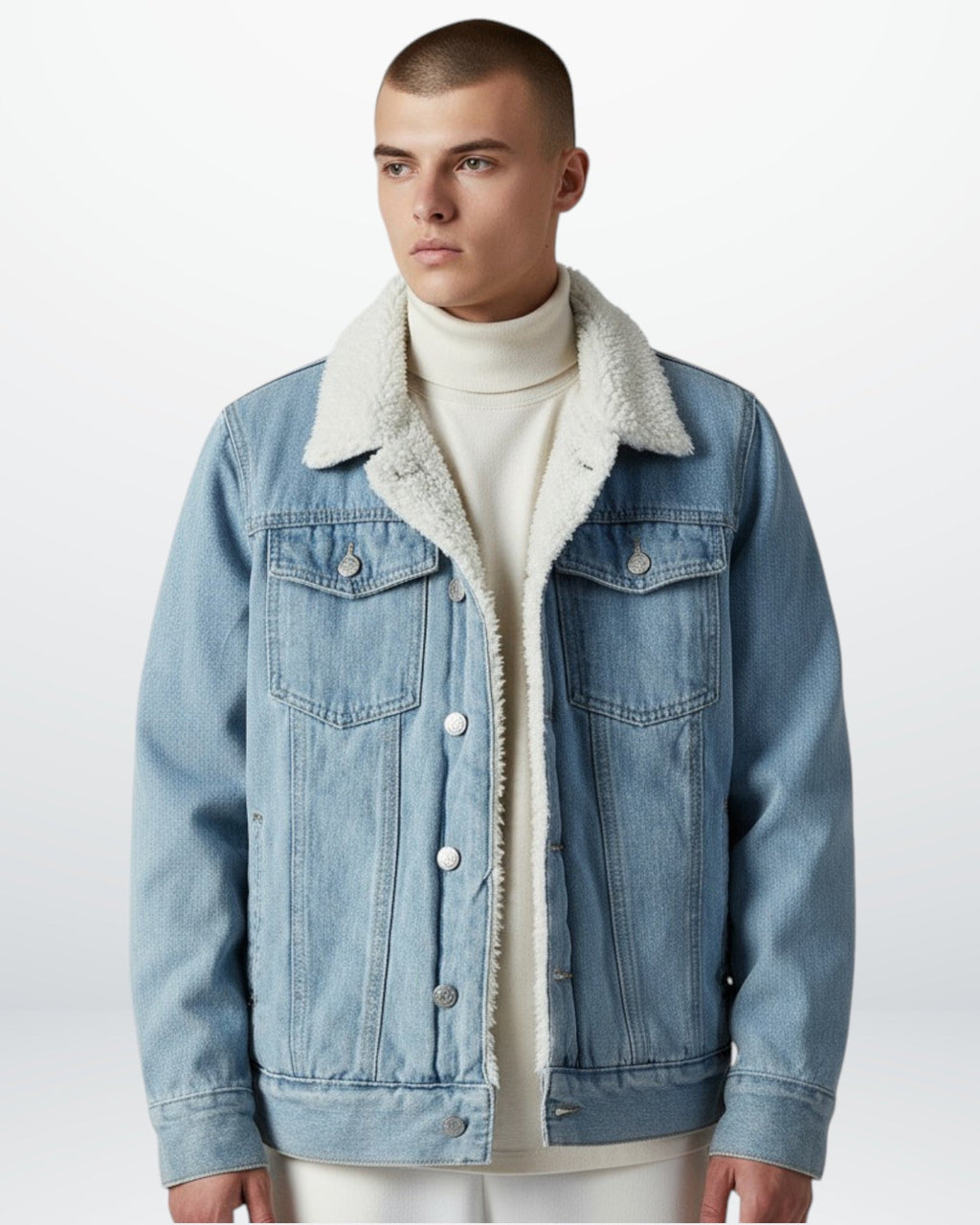 Gefütterte Jeansjacke für Herren mit flauschigem Hemdkragen