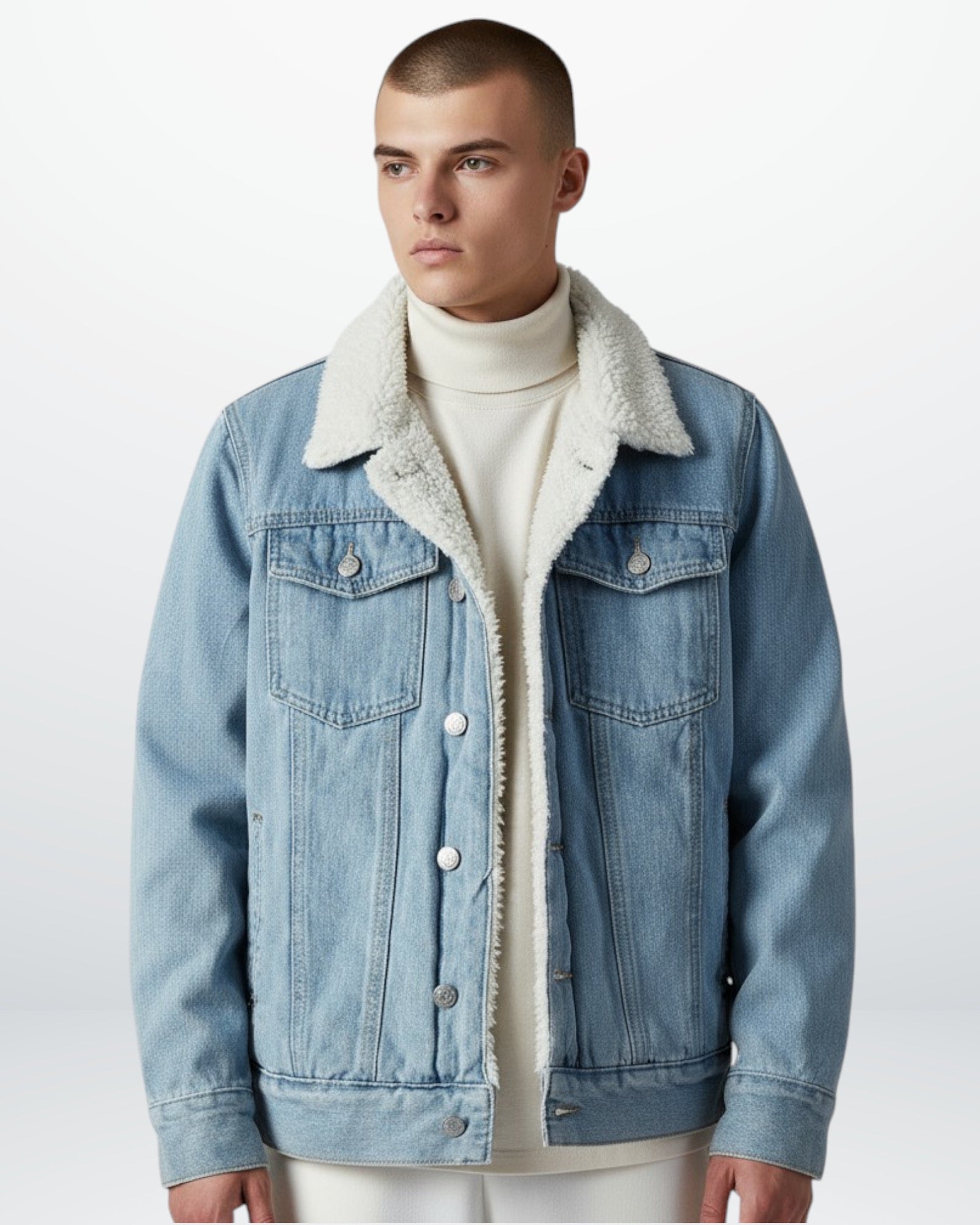 Gefütterte Jeansjacke für Herren mit flauschigem Hemdkragen