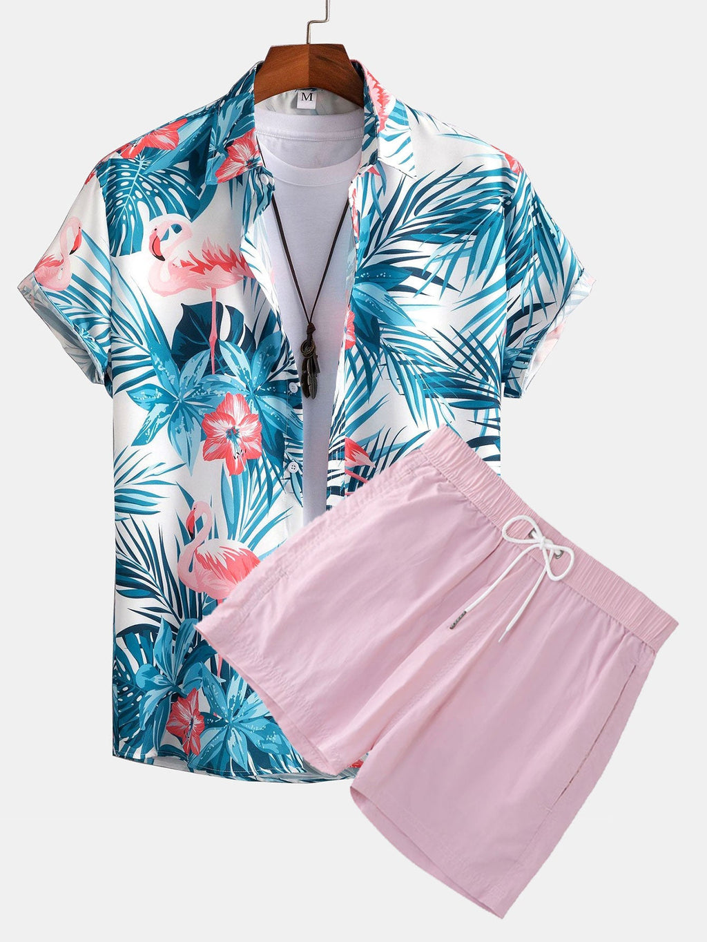 Flamingo Tropischer Print Hemden mit Knöpfen & kurze Schwimmshorts