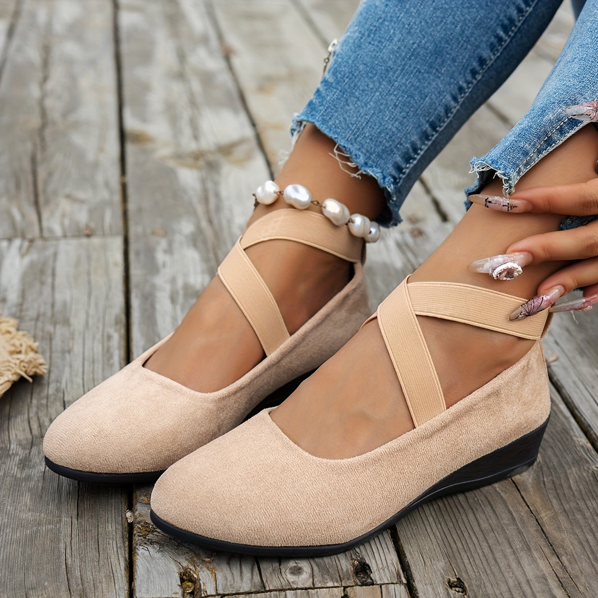 Damen Elegant Kreuzriemen Slip On Ballerina Schuhe