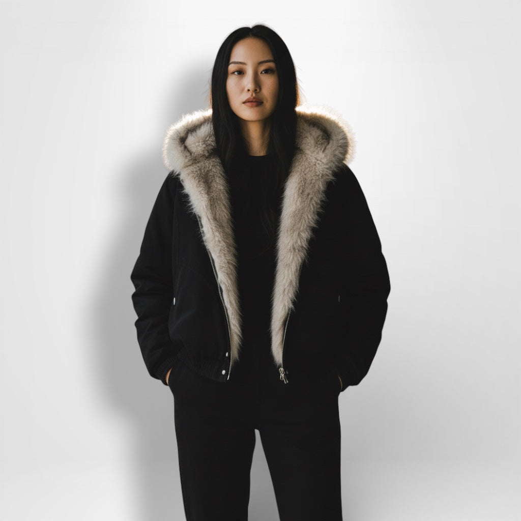 Unisex Kurzjacke mit Kunstfellkragen und elastischem Saum