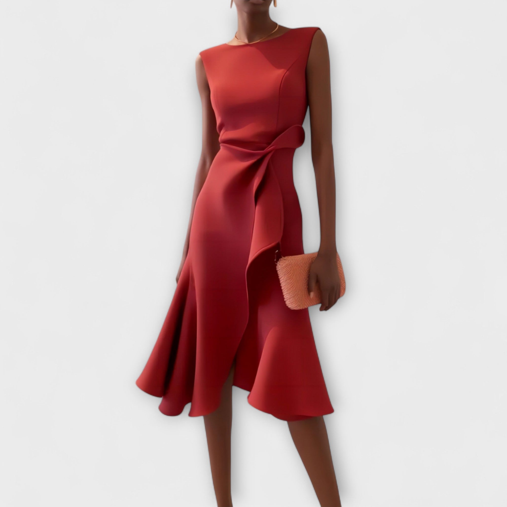 Helga | Damen Elegantes Ärmelloses Rüschen Midi Kleid
