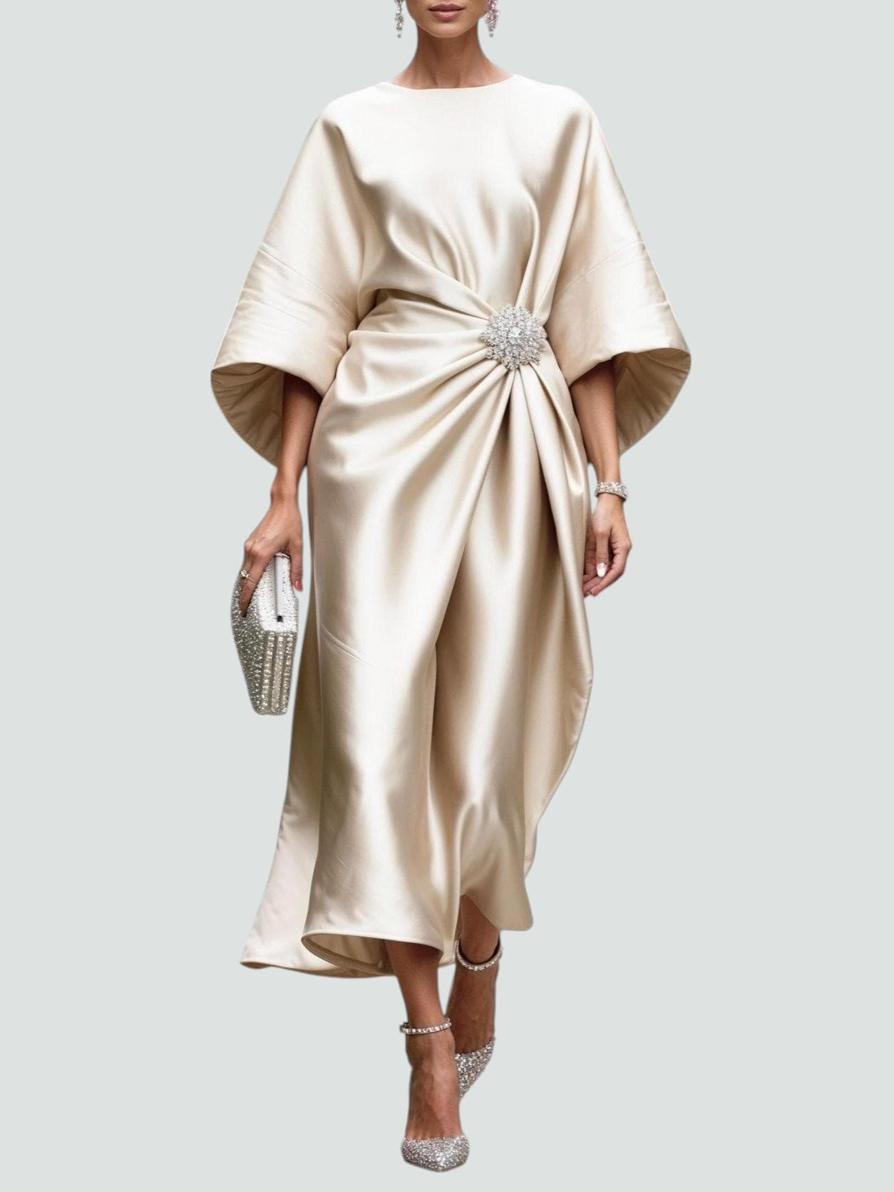 Damen Sommer Rundhals Satin Abend Maxikleid
