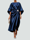 Damen Sommer Rundhals Satin Abend Maxikleid