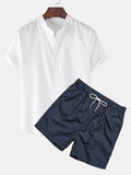 Hemd im Leinen-Look mit kurzen Ärmeln und gestreifte Shorts zum Schwimmen