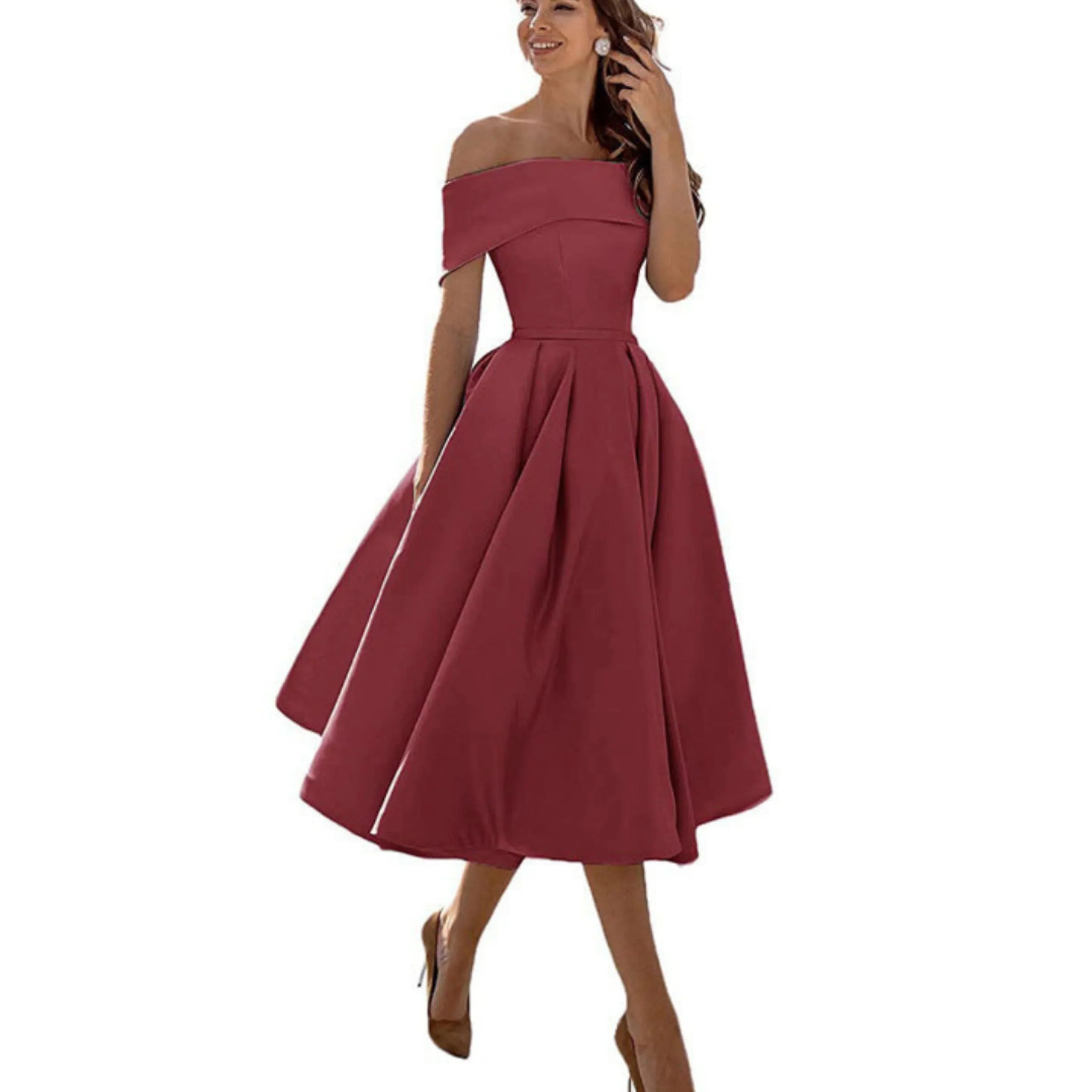 Damen Ein-Schulter Ausgestellt Midikleid