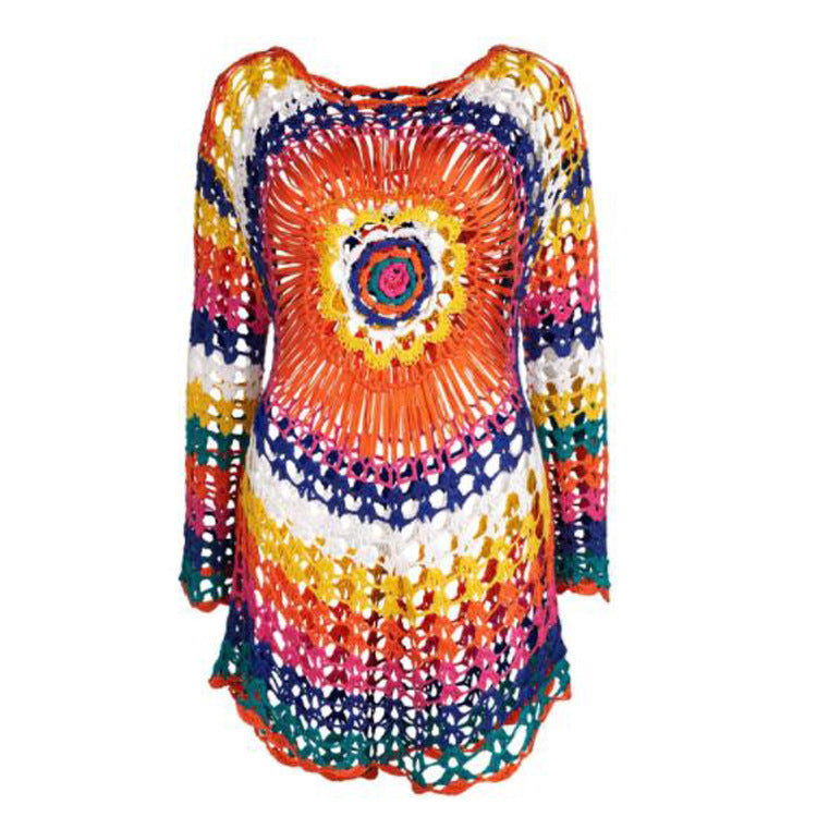 Damen Häkel-Strandüberwurf mit asymmetrischem Saum und buntem Muster Drune
