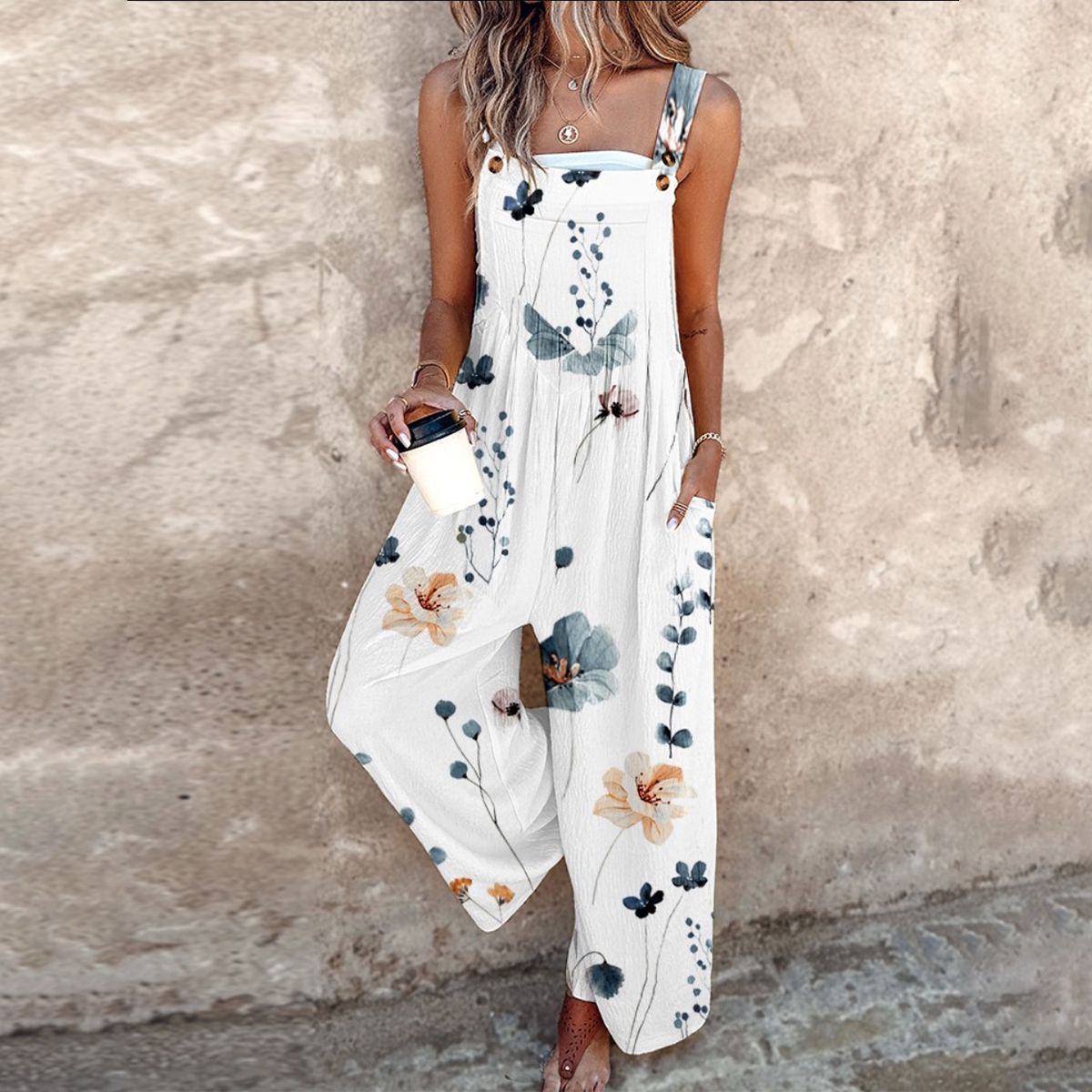 Sunny | Damen Latzhose Ärmellos Blumendruck Weites Bein Sommer