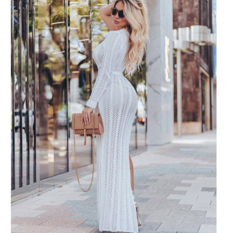Damen raffinierter Strickmaxikleid mit einem Schulterdesign und hohem Schlitz Drune