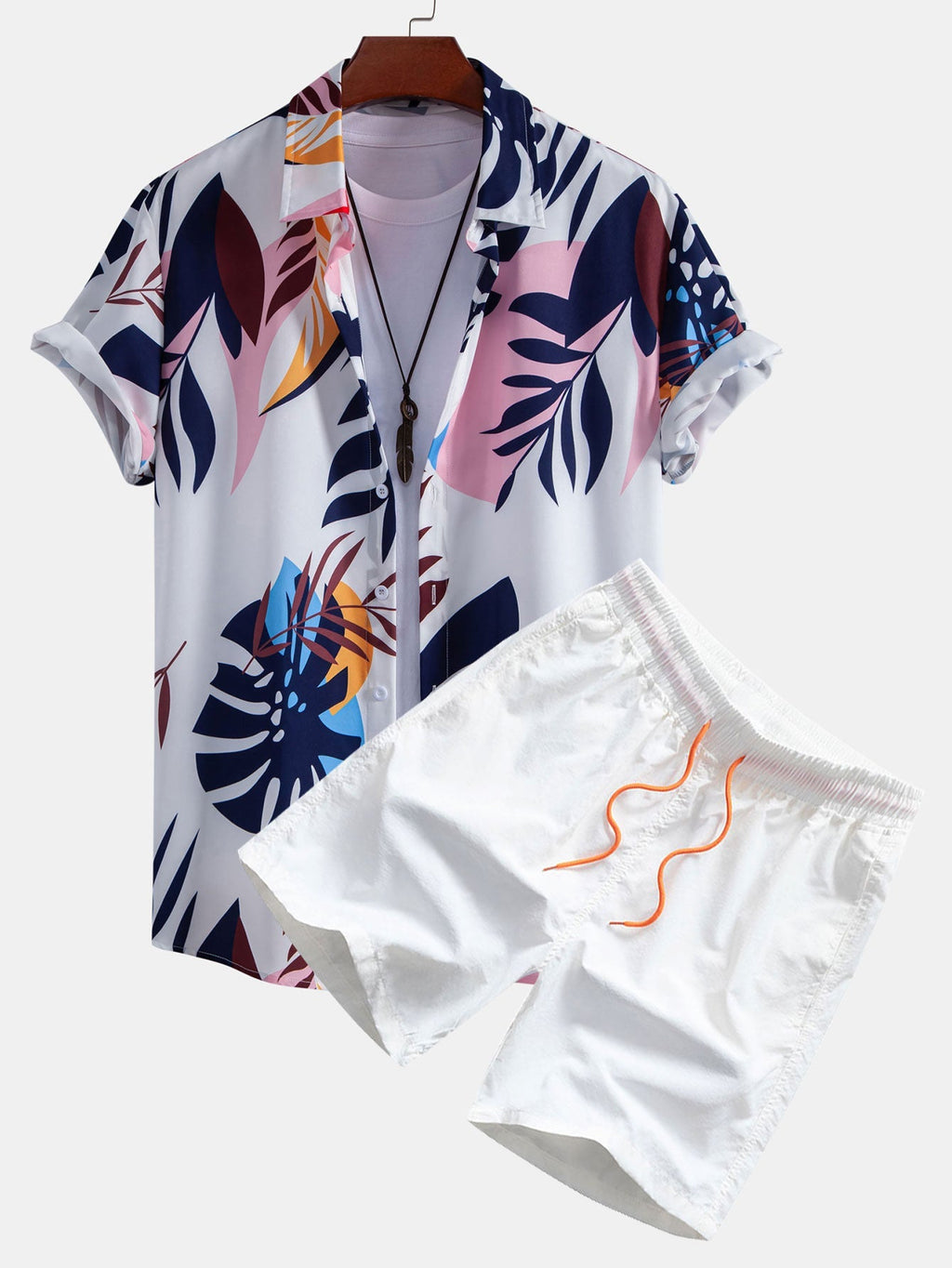 Leaf Farbe Block Print Button Up Shirt & Swim Short