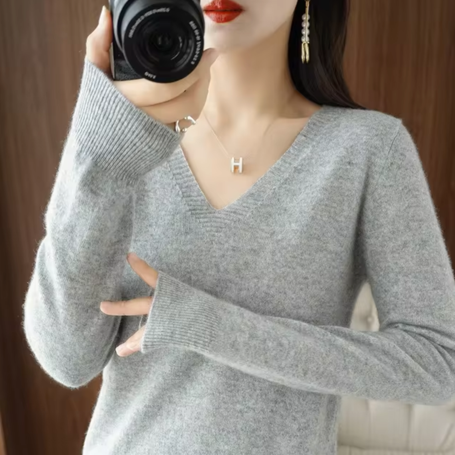 Damen V Ausschnitt Rippbündchen Strickpullover