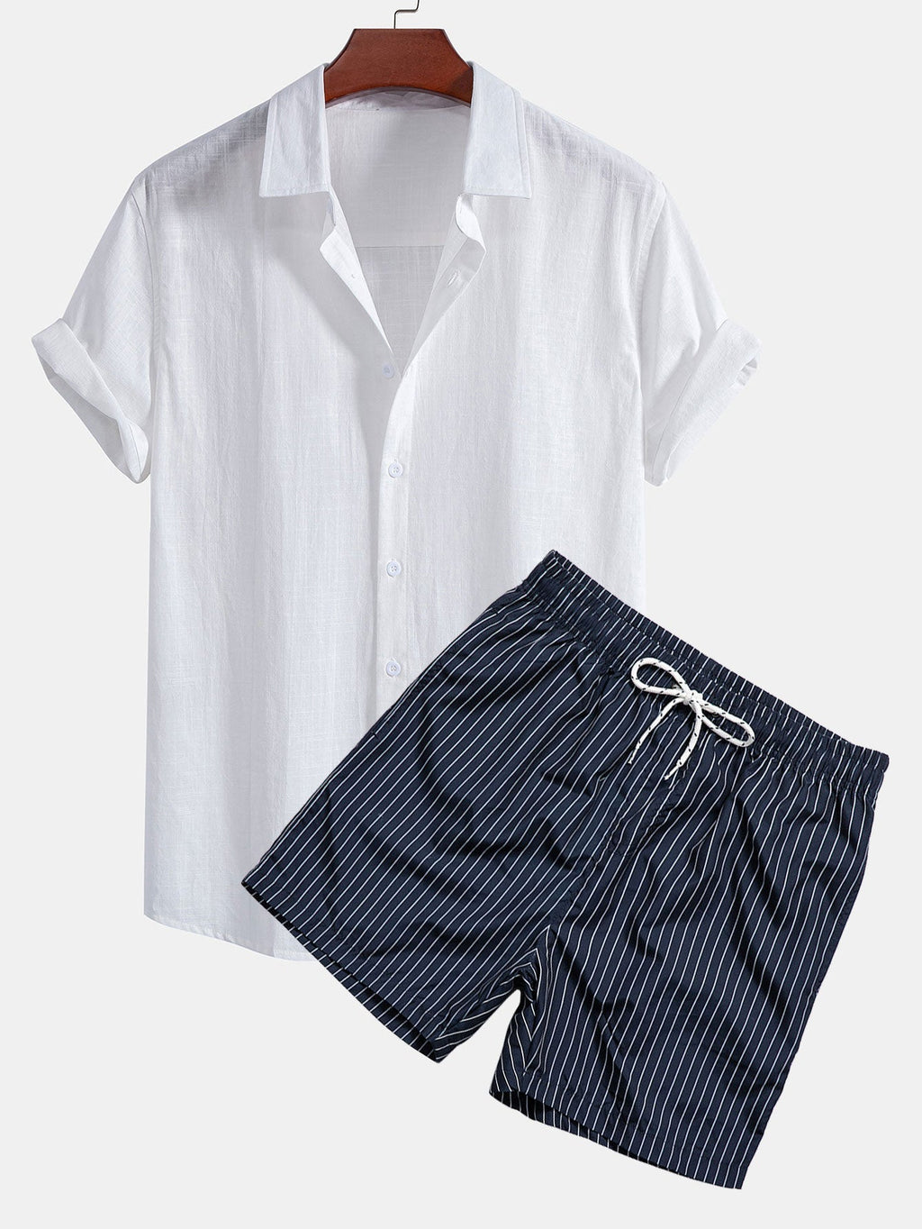 Leinenoptik Baumwollhemd mit Knopfleiste & gestreifte Swim Shorts mit Print