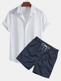 Leinenoptik Baumwollhemd mit Knopfleiste & gestreifte Swim Shorts mit Print