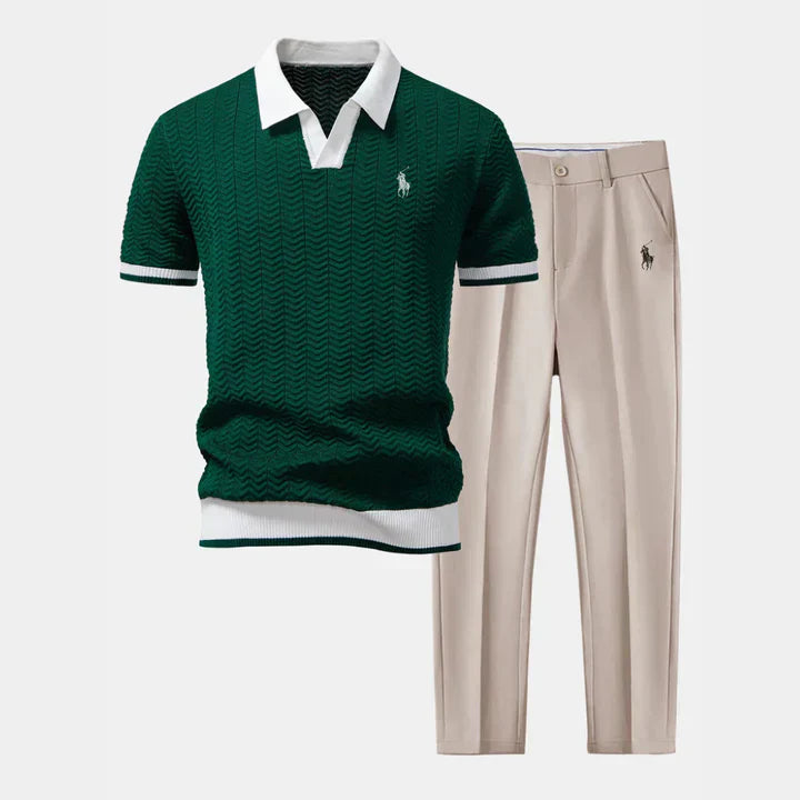 V-Ausschnitt-Poloshirt & Schlanke Anzughose