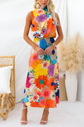Sommer | Ärmloses Maxikleid mit Bindeband am Hals, taillierter Schnitt, Blumendruck