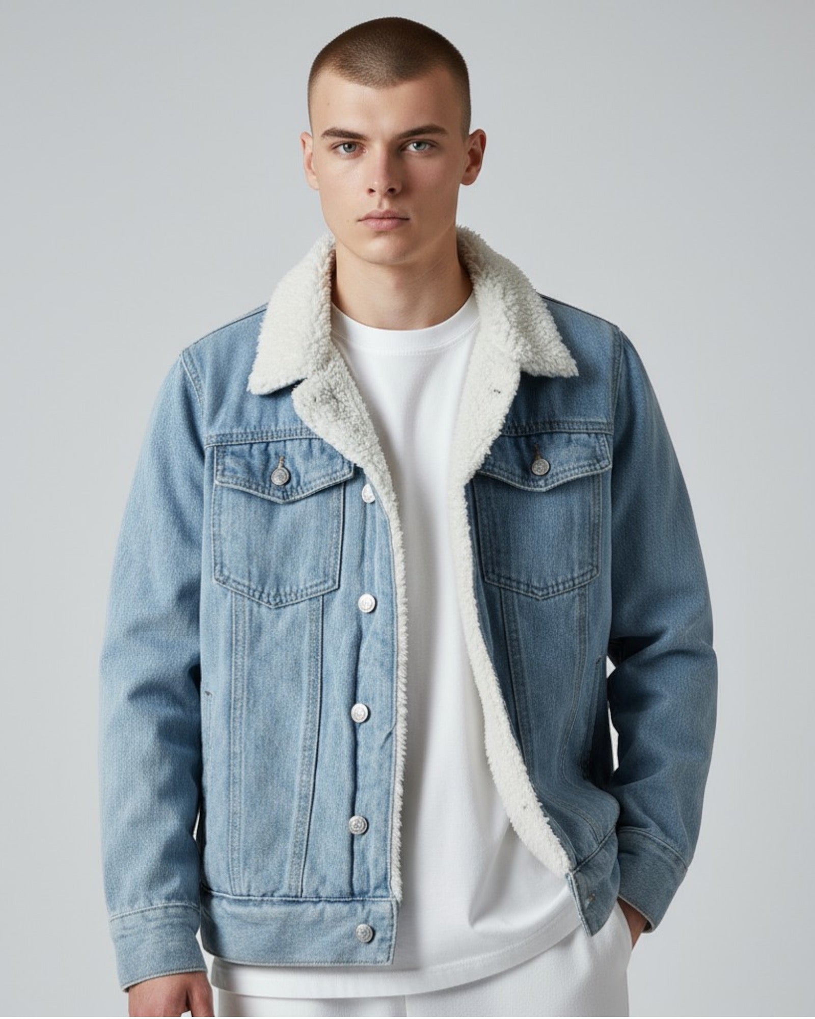 Gefütterte Jeansjacke für Herren mit flauschigem Hemdkragen
