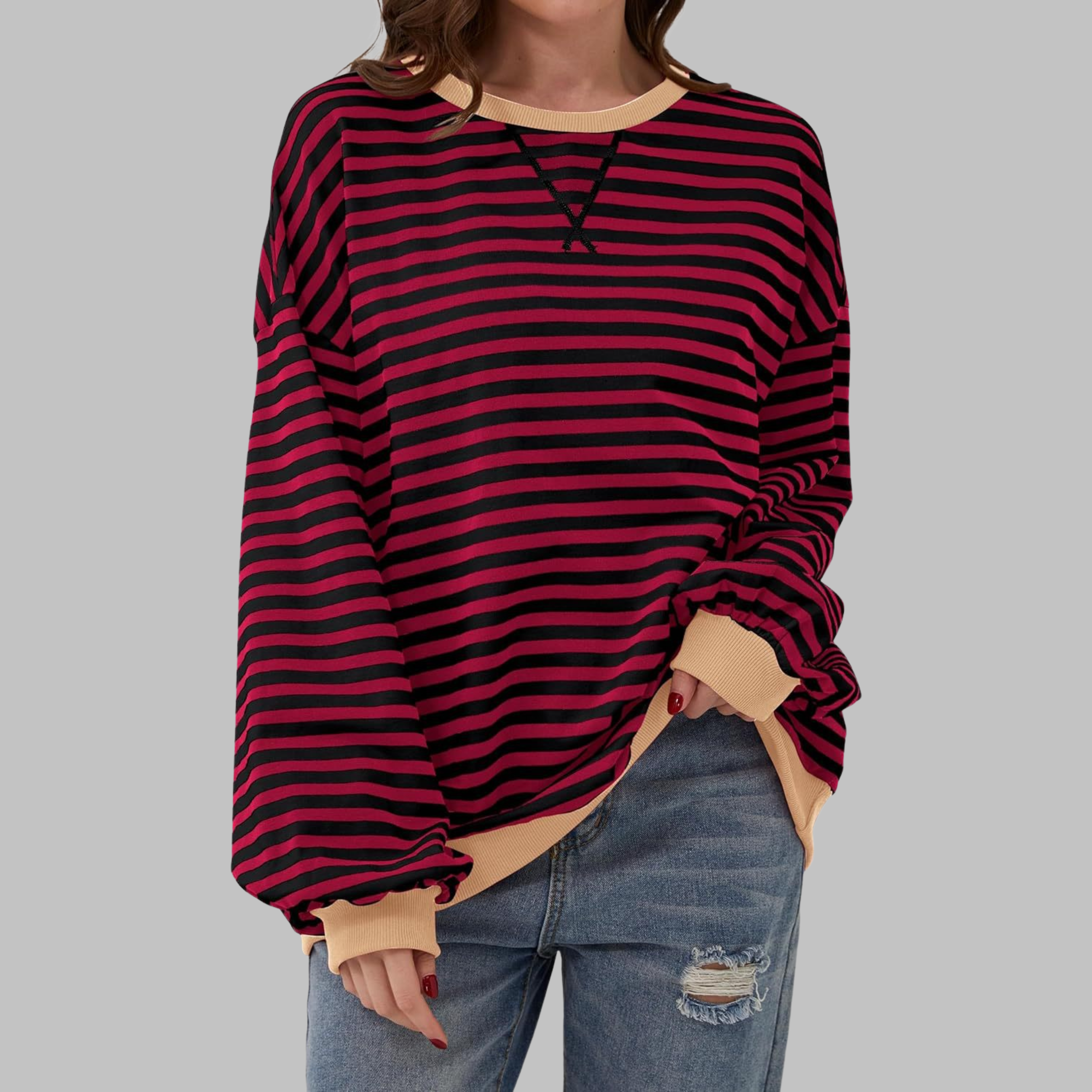 Mara | Damen Streifenpullover Oversized Rundhals Langarm