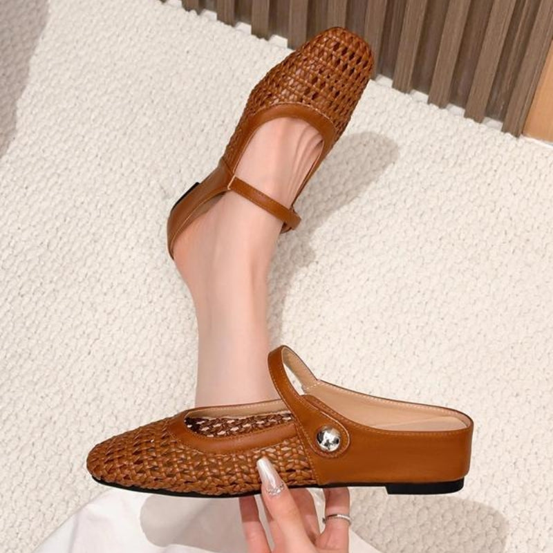 Goldie | Damen Mules Flach Mary Jane Geflochten Metallic Slipper