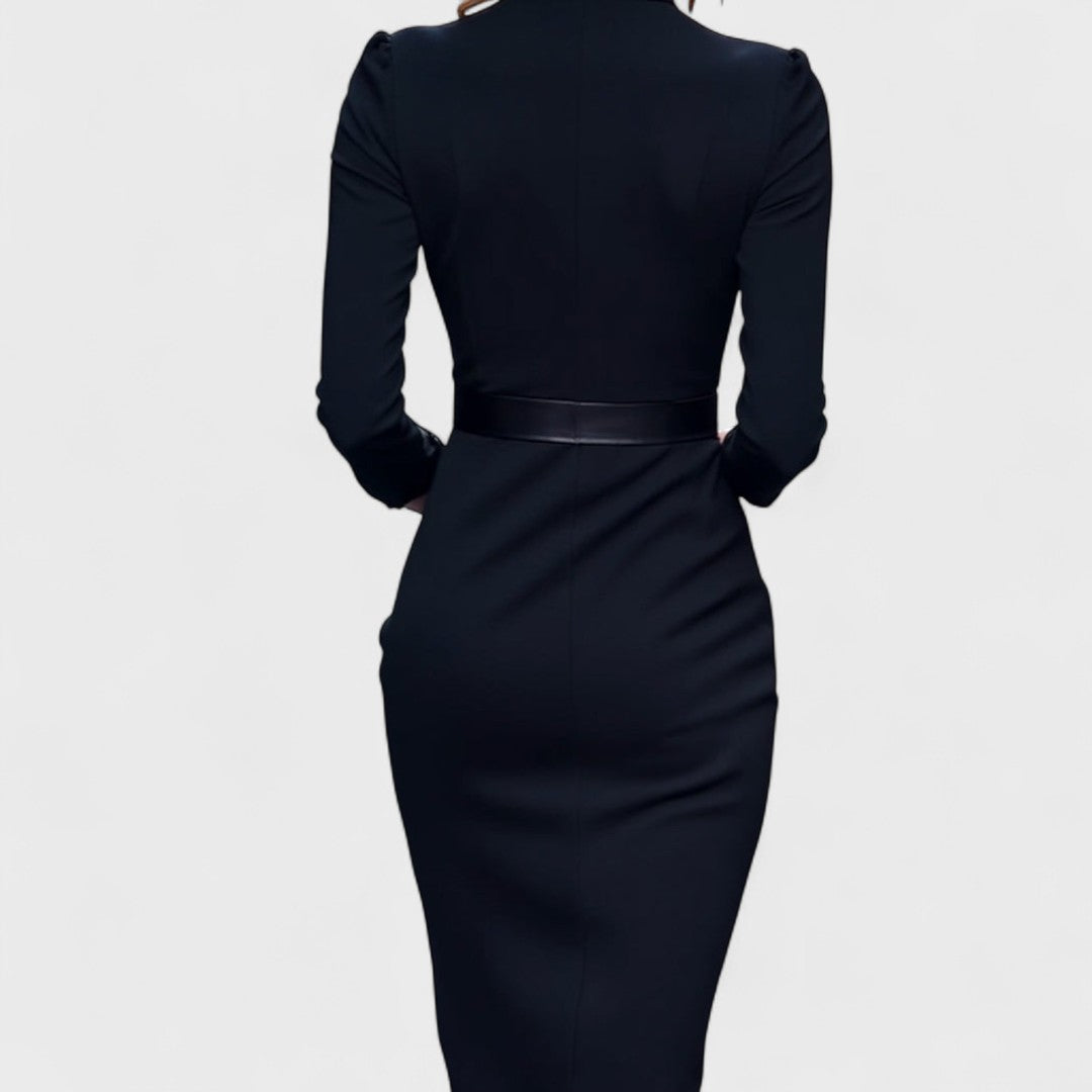 MANDARIN™  / ELEGANTES SCHWARZES KLEID MIT GURTEL UND STEHKRAGEN