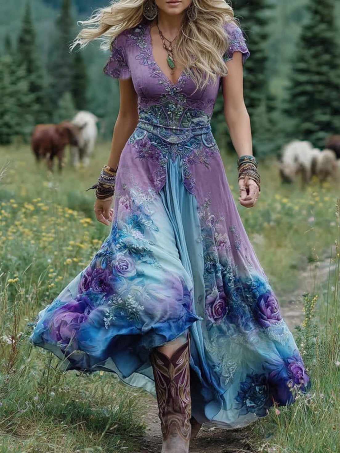 Katharina | Damen Sommer Blumen Maxikleid mit V-Ausschnitt