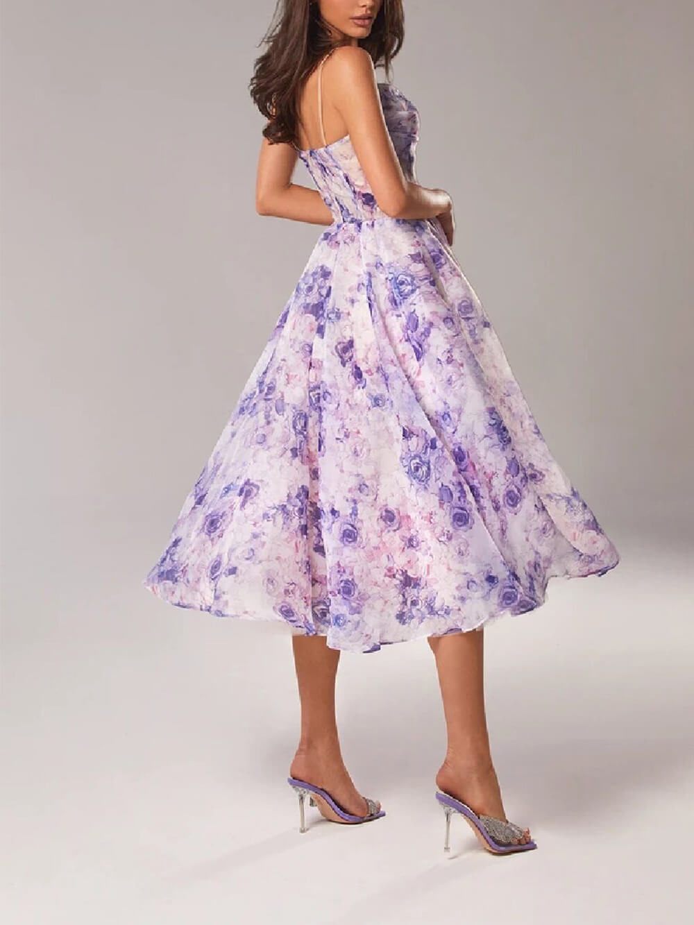 Belle | Damen Midi-Kleid Träger Rosenprint Ausgestellter Rock
