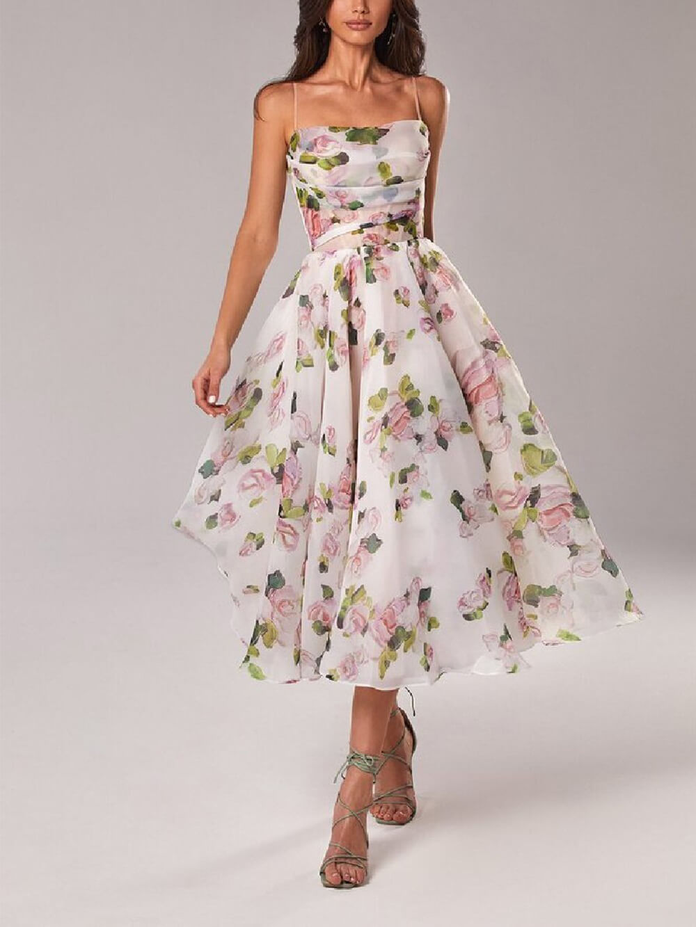 Belle | Damen Midi-Kleid Träger Rosenprint Ausgestellter Rock