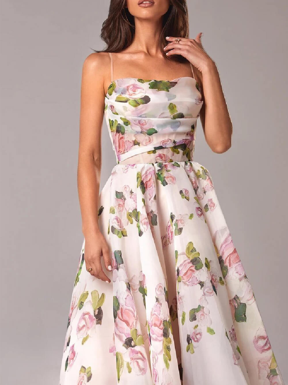 Belle | Damen Midi-Kleid Träger Rosenprint Ausgestellter Rock