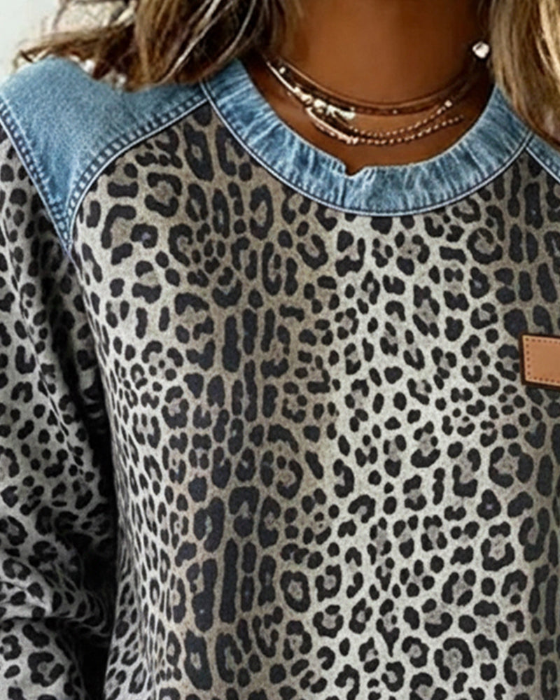 Damen Lässig Leopardenmuster Rundhals Pullover