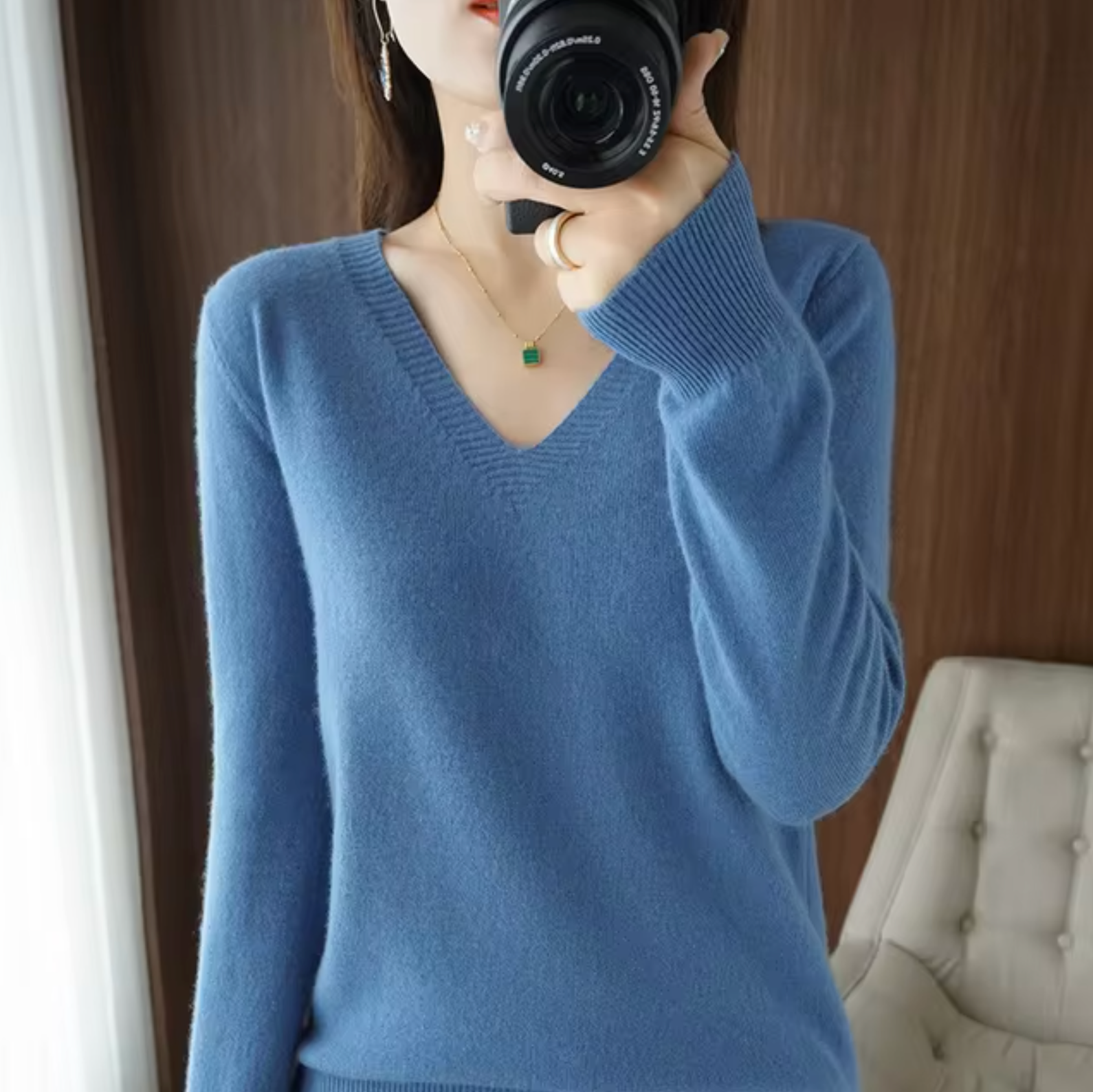 Damen V Ausschnitt Rippbündchen Strickpullover