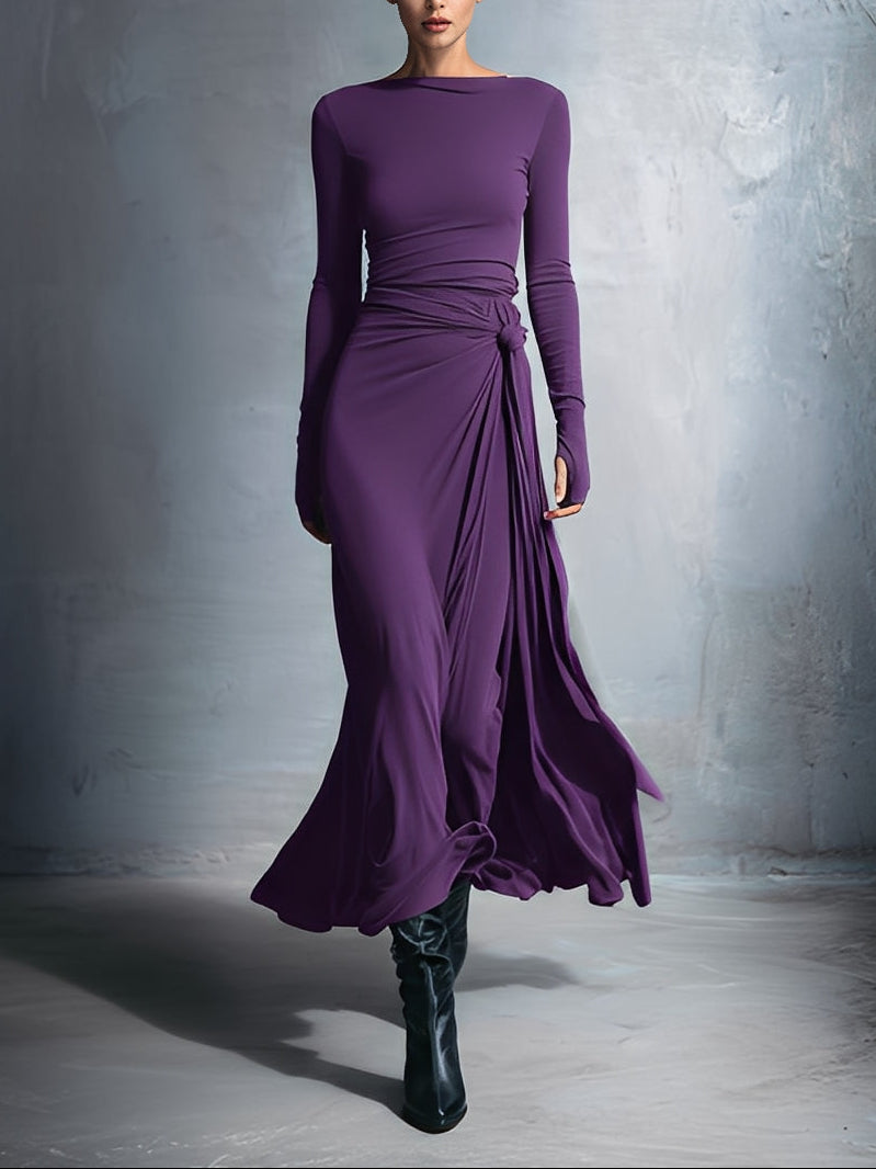 Damen Lässig Langarm Drapiertes Maxikleid