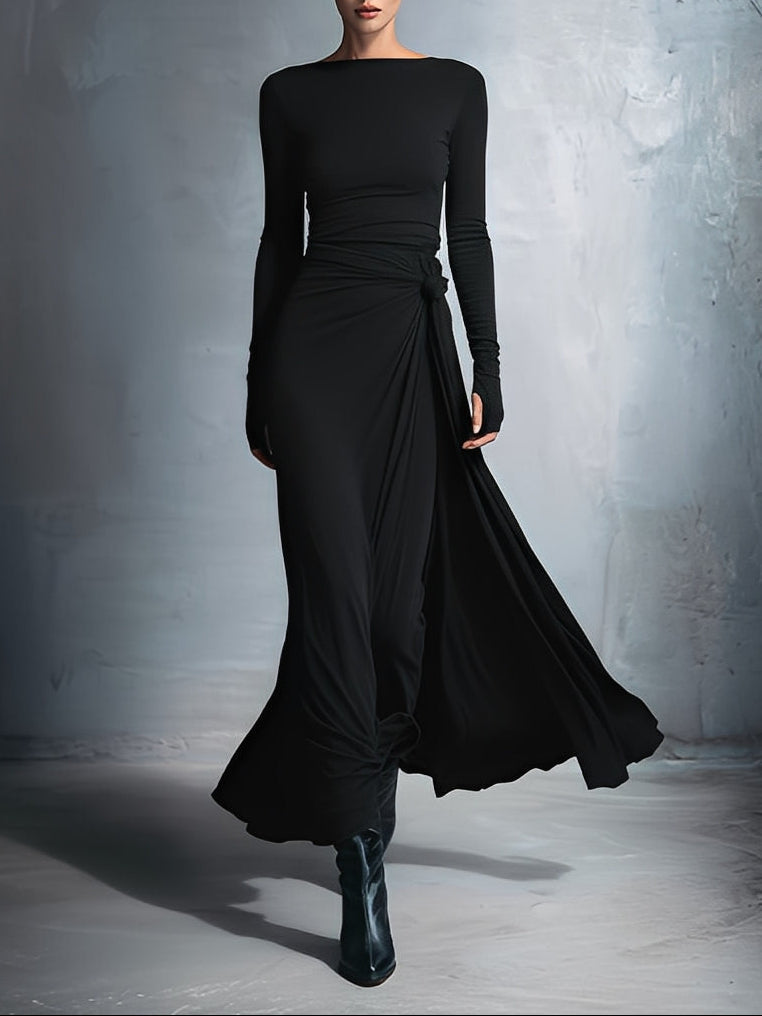 Damen Lässig Langarm Drapiertes Maxikleid