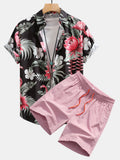 Flamingo-Blumenmuster Hemd mit Knopfleiste und Shorts zum Schwimmen