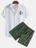 Hawaii Palmen Print Leinenoptik Baumwolle Button-Up Hemd & Shorts