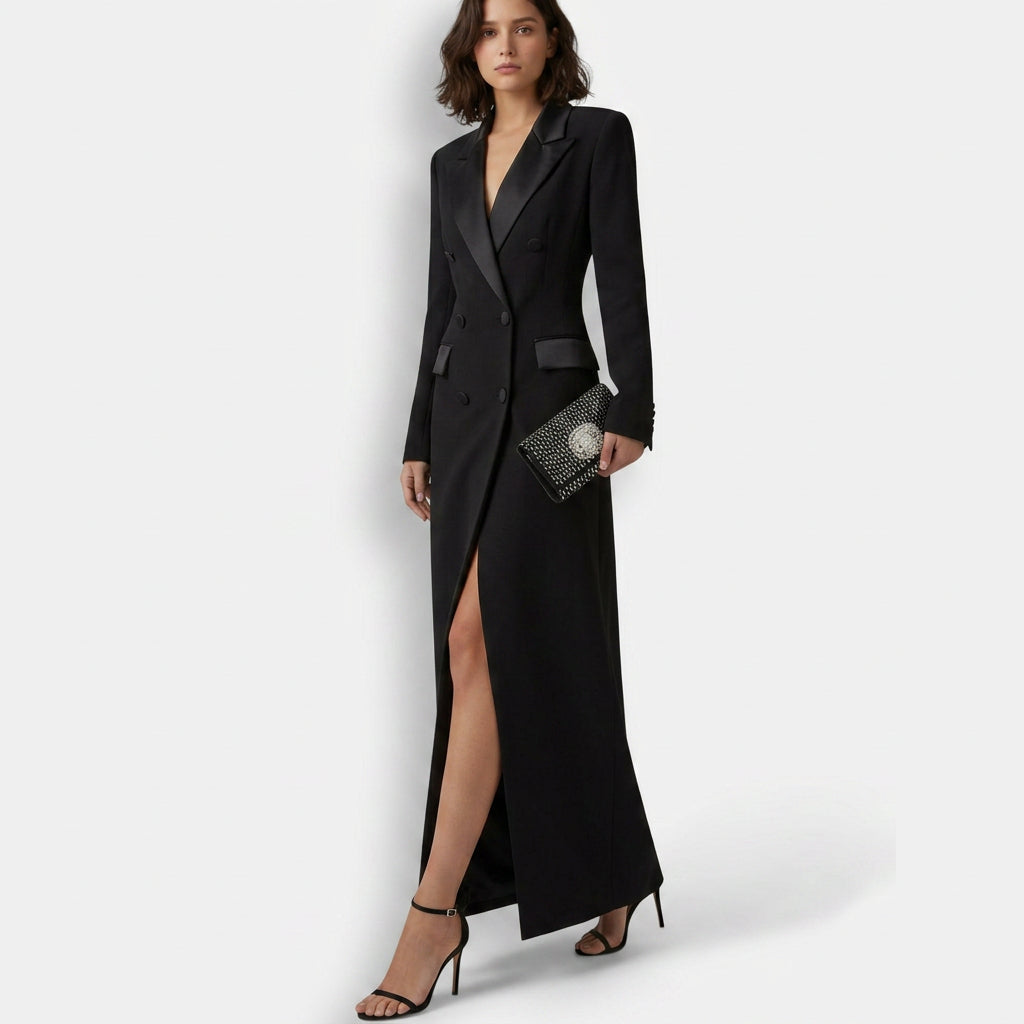 Kleid mit Blazerkragen und langen Ärmeln für Damen - maxi
