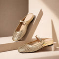 Goldie | Damen Mules Flach Mary Jane Geflochten Metallic Slipper