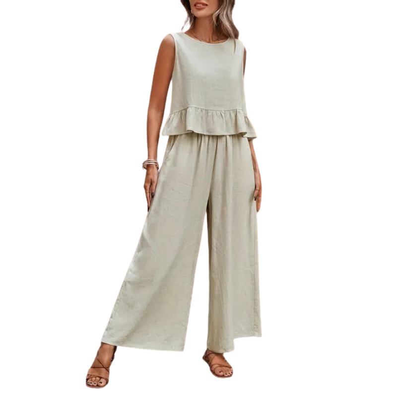 Greta | Damen Set Rüschen-Top Weite Hose Ärmellos