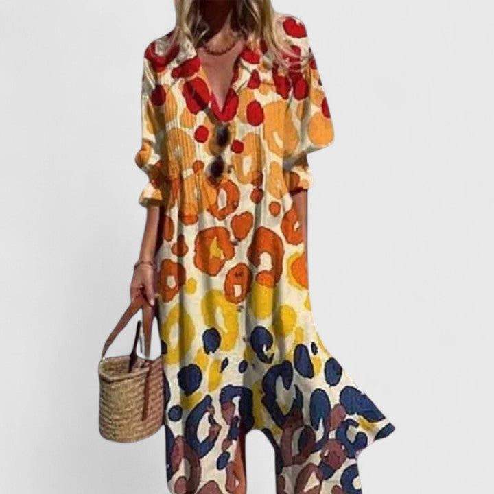 Damen Knopfleiste V-Ausschnitt Sommer Boho Midikleid