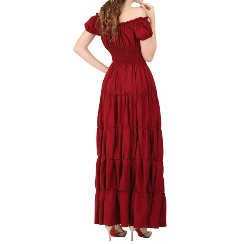 Margarete | Damen Schulterfreies Maxikleid Gestuft – Geraffter Bund Sommerkleid 2026