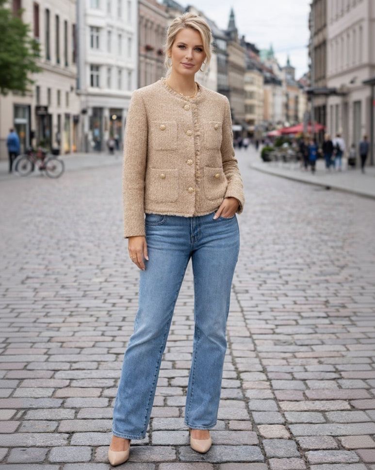 Tweed Jacke für Damen mit Rundhalsausschnitt und Taschen in Bouclé-Optik
