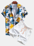 Tintenblaues Blumenmuster Hemd mit Knöpfen & Badeshorts