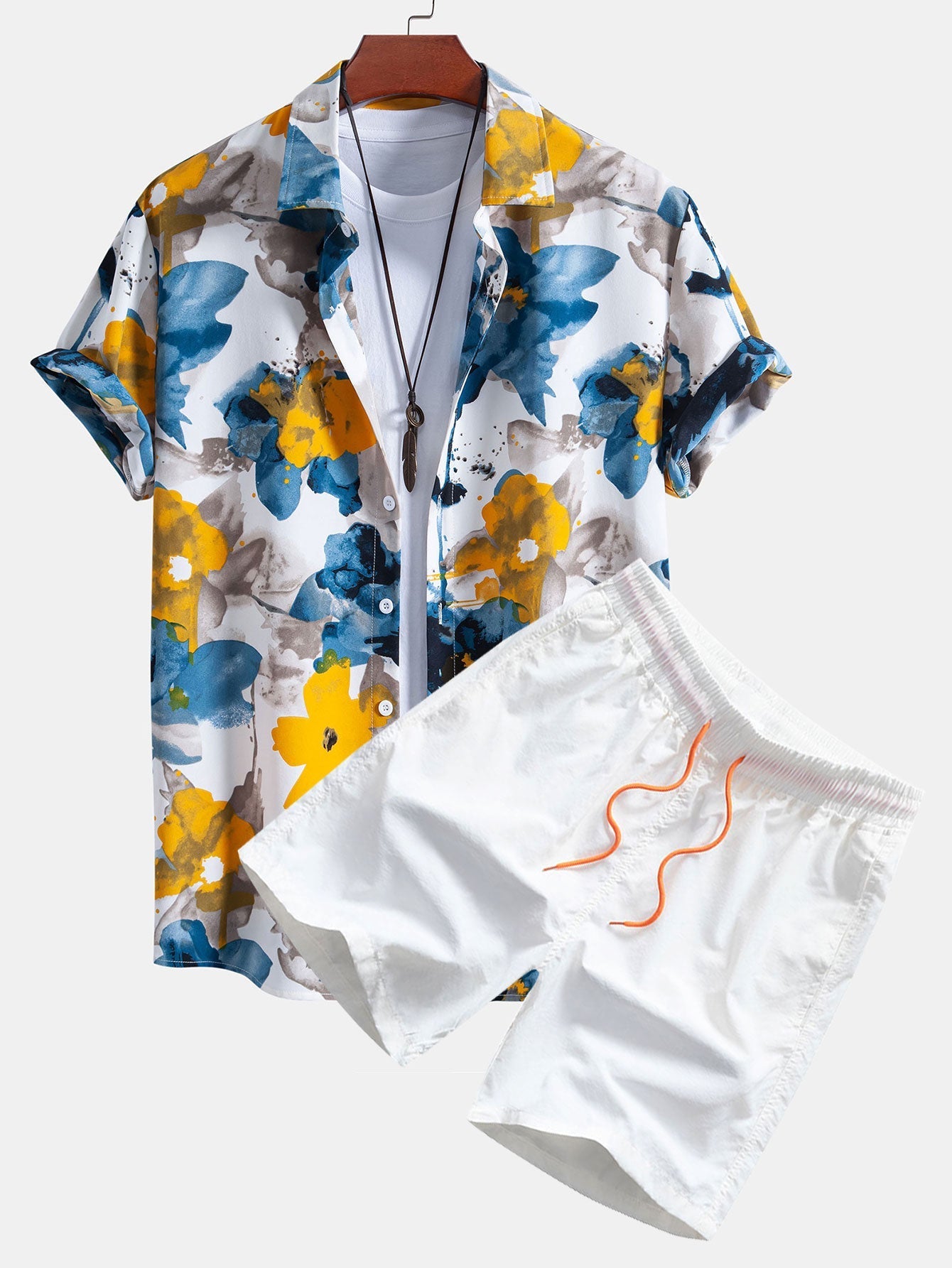 Tintenblaues Blumenmuster Hemd mit Knöpfen & Badeshorts