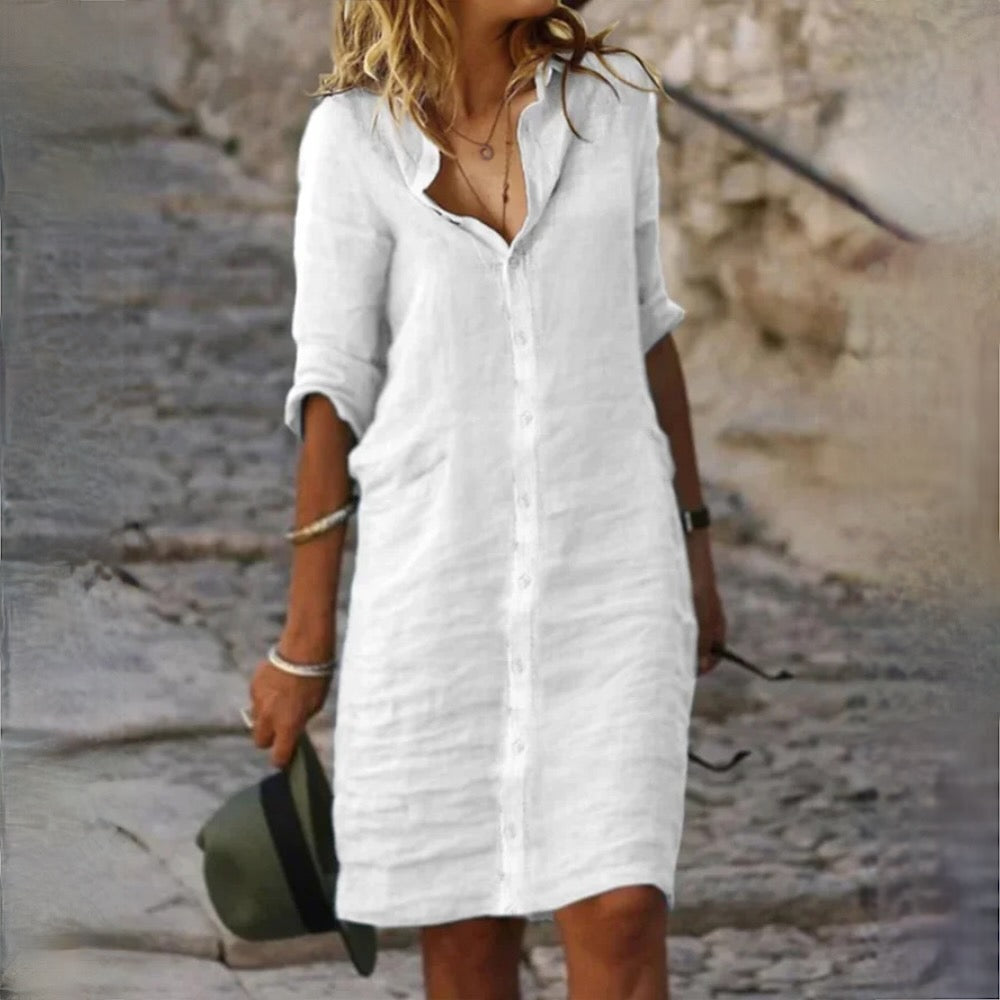 Leni | Damen Sommer Midikleid aus Leinen mit luftiger A-Linie