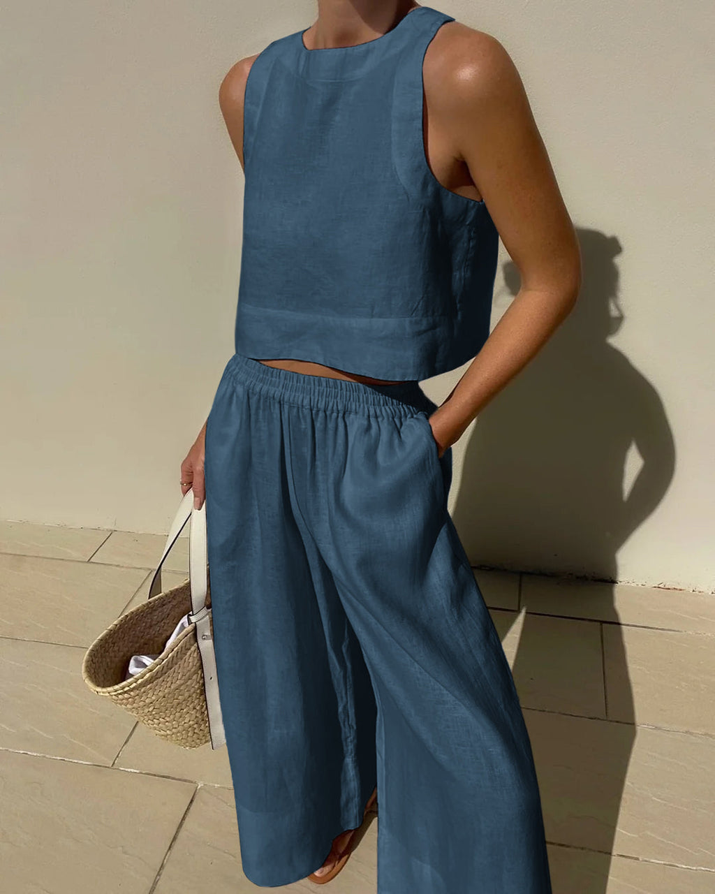 Damen Sommer Ärmelloses Leinen Zweiteiler Set