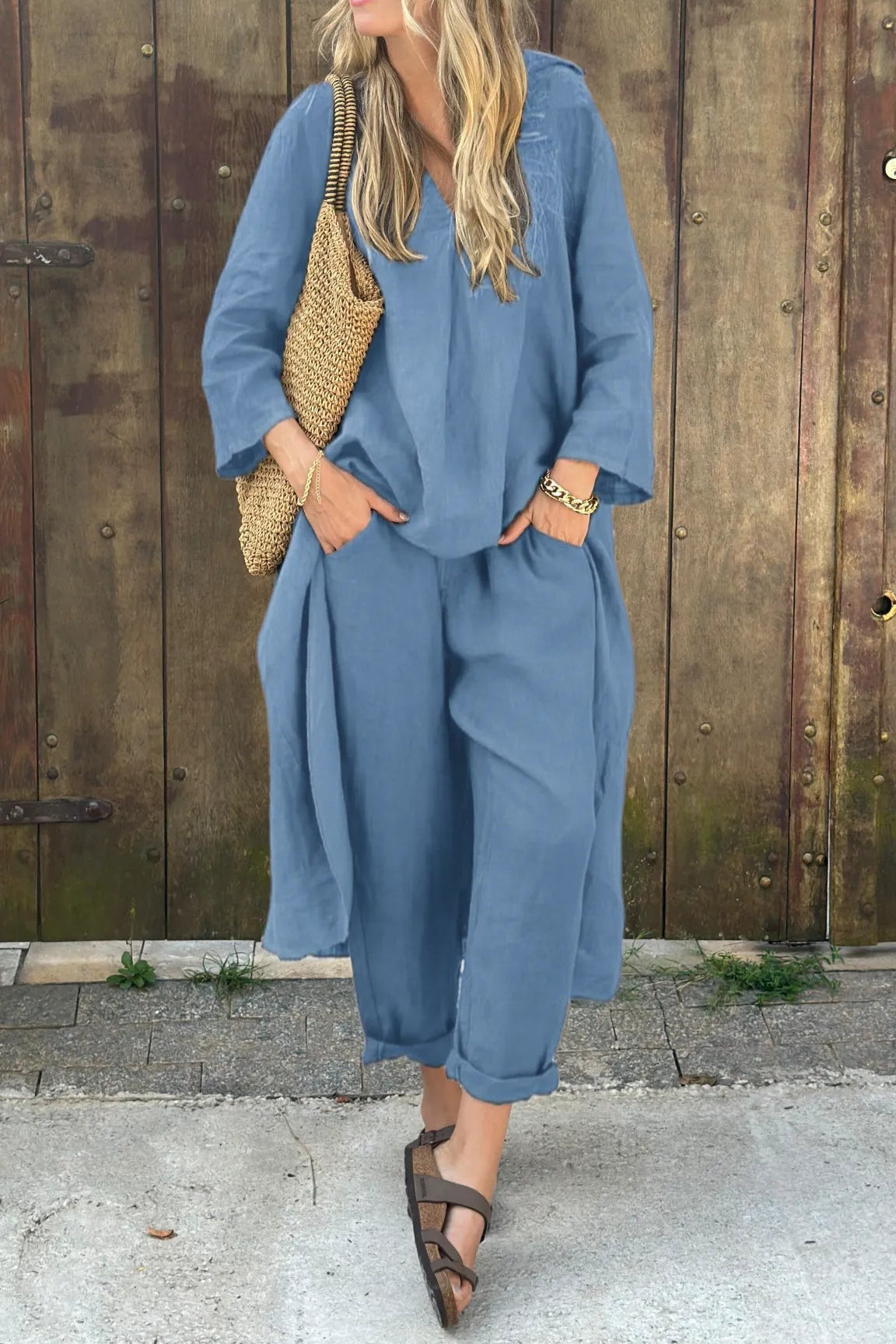 Damen Sommer Lockeres Leinen Zweiteiler Set
